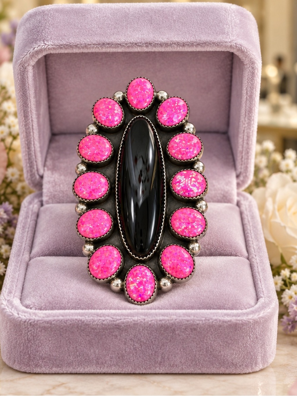 Huge Signed BBT Sterling Silver Black Onyx & Pink Opal Statement Ring – Size 9